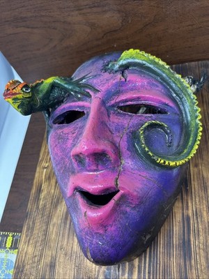 Unique Large Mexican Clay Purple Wall Mask With Lizard - 11 x8  Cracked & Glued