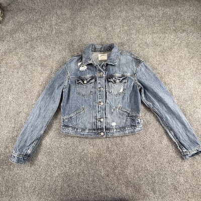 Old Navy Denim Jacket Women M Blue Crop Distressed Trucker Y2K Grunge Festival
