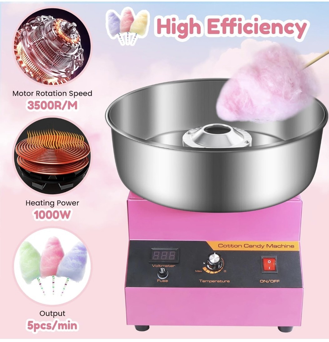 Eléctrico. Máquina de algodón de azúcar 1000 W rosa con cuenco de acero inoxidable y cuchara de azúcar