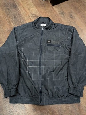 HUF Grid Check Windbreaker Jacket Black Lightweight Zip Up Men s Large