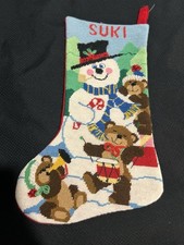 VTG Wool Christmas Stocking Needlepoint Embroidered Snowman Beaded Bears SUKI 