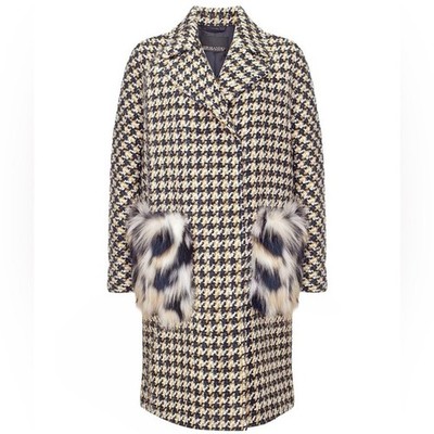 Ermanno Scervino Tweed Coat Houndstooth Fur Pocket Luxury Designer Italy