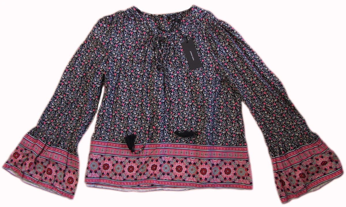 VERO MODA Amalia Long Sleeve Tassle Shirt Boho floral top L (12-14) NWT $69.95!