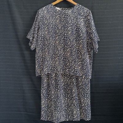 Rodier Vintage Blue Tan 100% Silk 2 pc skirt and top set outfit France Sz 3 M 8
