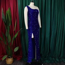 LATEST DESIGN Blue Sequin Slash Shoulder Long Bodycon Evening Dress UK Size 12