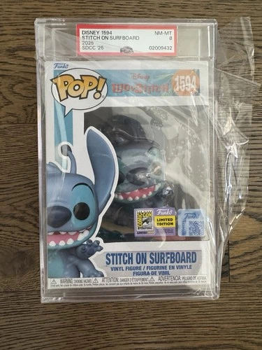 STITCH ON SURFBOARD LILO DISNEY 2025 SDCC FUNKO POP! PSA 8 Graded
