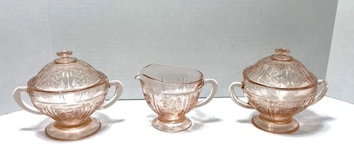 5pc Pink Cabbage Rose Federal Glass  Sugar & Creamer Set + Extra Sugar Bowl Read
