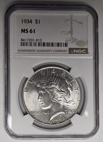 1934 P Philadelphia Mint Peace Silver Dollar NGC MS 61