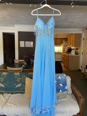dress blue and black vs white and gold ZAPAKA Women Spaghetti Straps Blue Sparkly Corset Prom Dress with Slit   ZAPAKA NZ