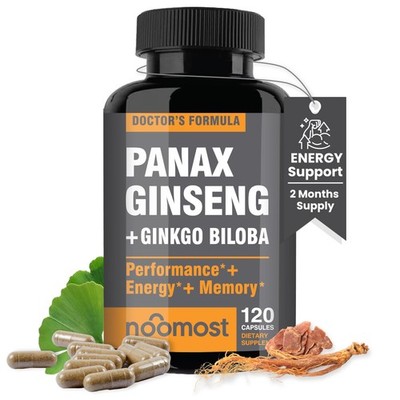 Korean Red Ginseng & Ginkgo Biloba Capsules - Energy & Focus, 120 Vegan Pills