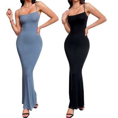 Women Basic Sexy Slip Long Dress Elegant Sleeveless Ribbed Bodycon Maxi Dresses