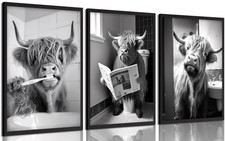 3pcs Funny Highland Cow Bathroom Canvas Wall Art Black and White Cute Cow Ani...