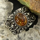 Vintage Sterling Silver Oval Amber Decorated Fashion Ring Size 9 For Women