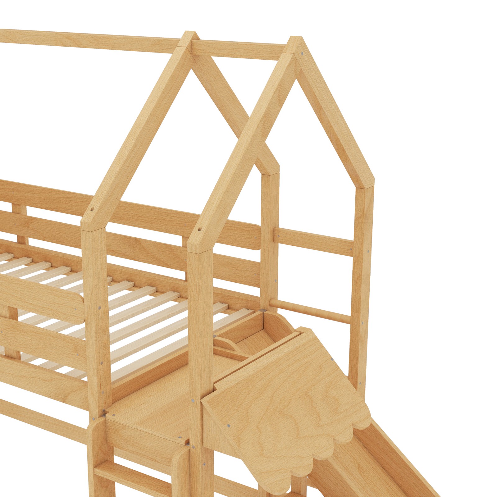 Twin Size Wood Loft Bed with Bookshelf & Slide,House-Shaped Kids Bed w/Guardrail