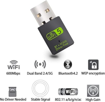 USB WiFi Bluetooth Adapter 600Mbps Dual Band 2.4/5Ghz Wireless Network External