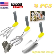 4 PCS Garden Tools Set Fork Trowel Cultivator Heavy Duty Metal Outdoor Ergonomic