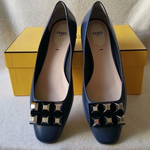 Fendi 38.5 Pyramid Stud Ballerina ballet Flats loafer skimmer Blue Leather Shoe - Picture 2 of 12
