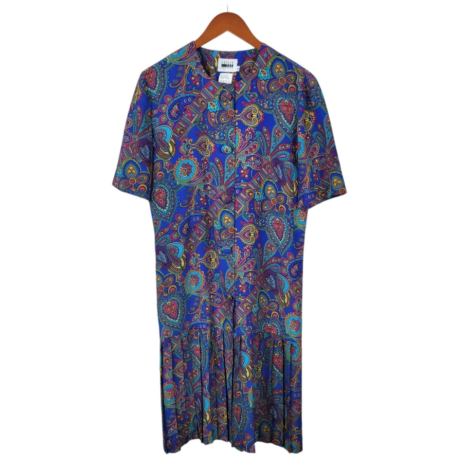 Винтажный 90-х годов платье размер 8 10 цветочный рубашка пейсли секретарь синий падение талии - Изображение 2 из 4