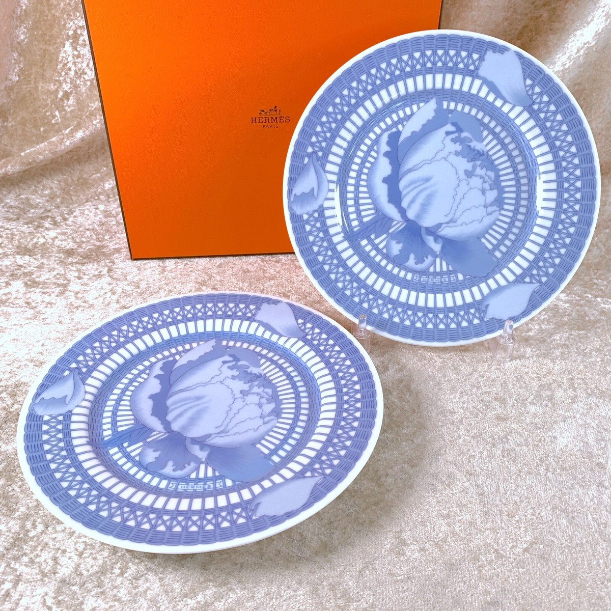 Vintage Hermes Paris Les Pivoines Blue Dessert Porcelain Plates