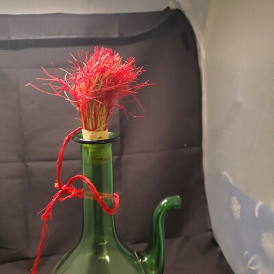 Vntg Lg Green Blown Glass Wine Bottle Decantor Ice Pocket Chiller Straw Stoppers