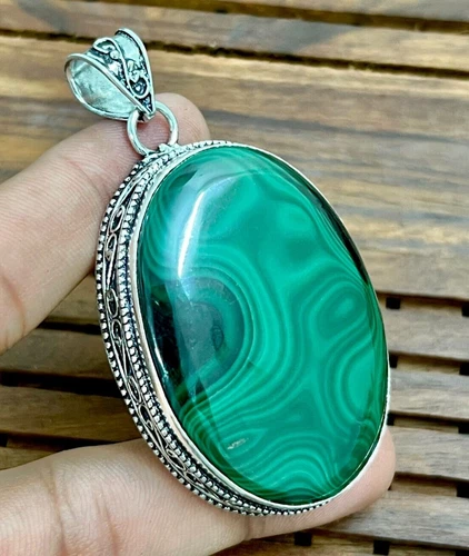 Malachite Pendant Gemstone 925 Sterling Silver Handmade Jewelry Pendant 2.05" - product listing photo