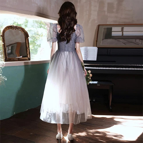 Damen Farbverlauf Netz Kleid Perlen Dekor Puffärmel Abendkleid Prinzessin glänzend - Bild 6 von 13