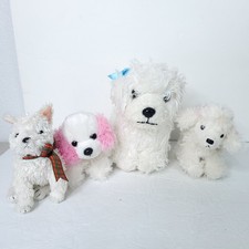 Lot of 4 White Shaggy Puppy Dogs Brown Soft Plush Stuffed Animals Toys