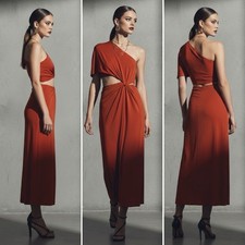 NWT NEW ASOS DESIGN 70s CUT OUT ONE SHOULDER RUST TERRACOTTA MIDI DRESS RARE $98