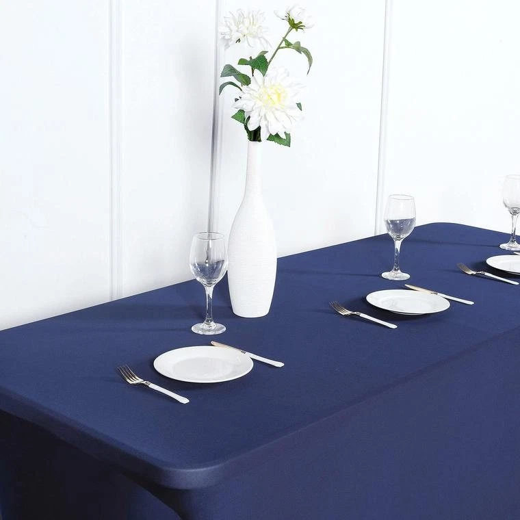 Navy Blue 8 ft RECTANGLE SPANDEX STRETCH TABLE COVER Fitted Tablecloth Wedding - Image 4 of 4