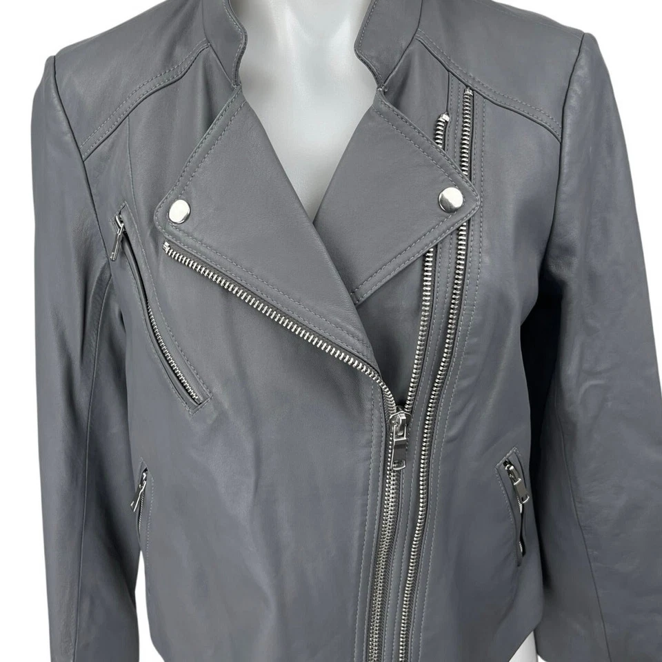 Chaqueta Abrigo Mujer Joie Casella Cuero Cordero Gris Cremallera Asimétrica Motociclista L Foto 3 de 4