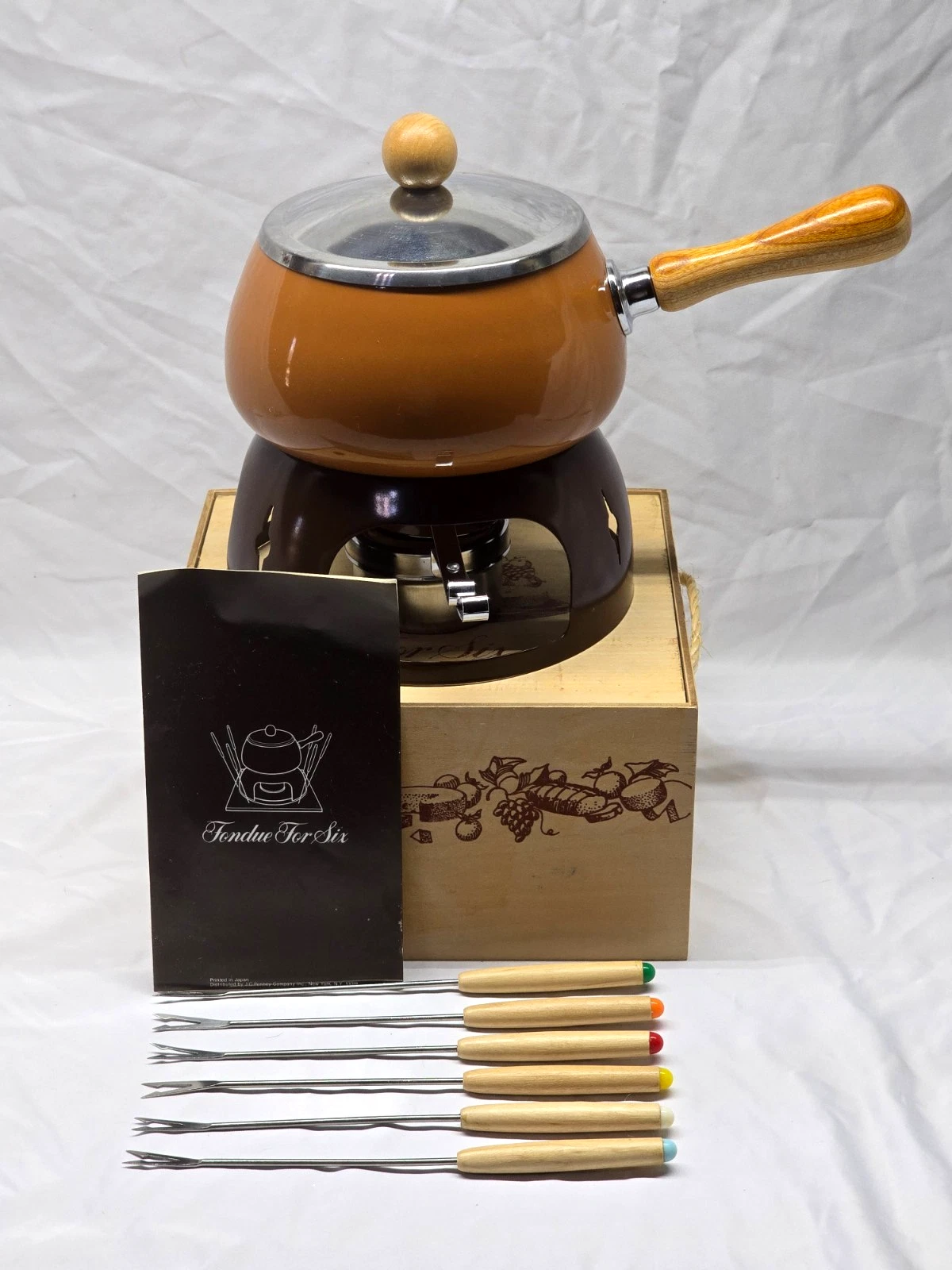 JC Penney Fondue Set for Six Pot Stand Burner Forks Wood Box Japan
Opens in a new window or tab