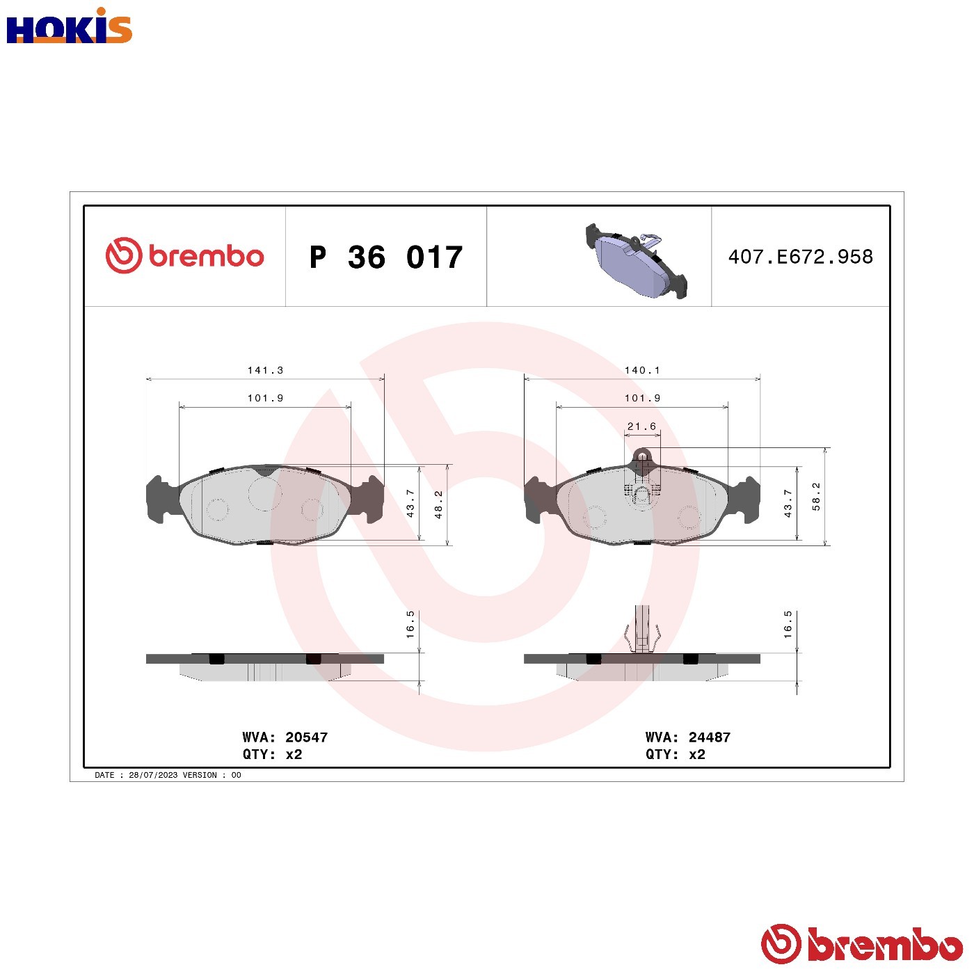 BRAKE PAD SET DISC BRAKE P 36 017 FOR ASTON MARTIN DAIMLER JAGUAR XJ XK/8 3.2L
