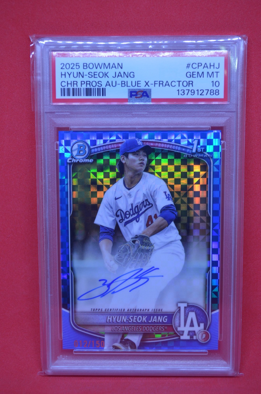 2025 BOWMAN CHROME HYUN-SEOK JANG #CPAHJ 1ST BLUE X-FRACTOR AUTO /150 PSA 10