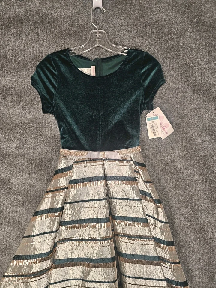 Bonnie Jean Girls Dress Size 16 Green Velvet And Gold Stripe Christmas Holiday  - Image 3 of 4