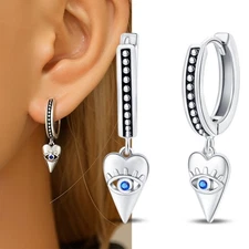 KUNSIR 925 Sterling Silver Retro Heart Shape Evil Eye Drop Earrings For Women 