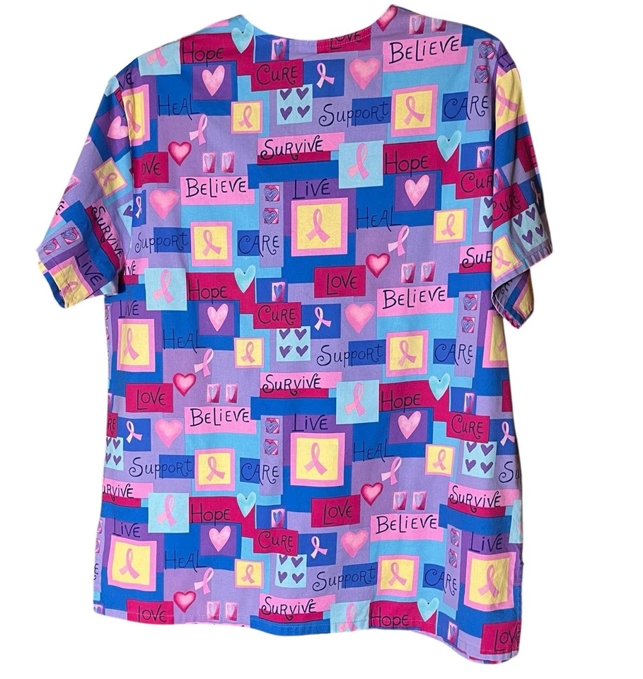 White Swan Scrub Top Women’s Large Pink Ribbons Hearts Pockets 100% Cotton - Image 2 of 4