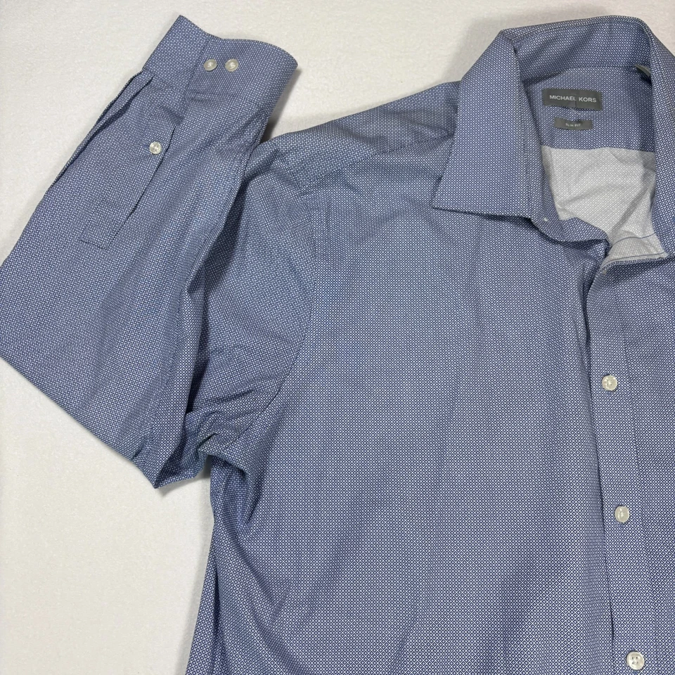 Camisa de vestir Michael Kors para hombre XL azul geométrica calce ajustado manga larga manchas Foto 4 de 4