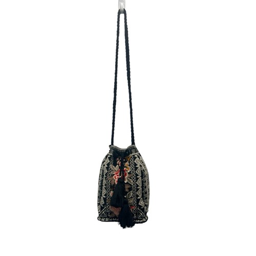 Johnny Was Los Angeles schwarz Leinen bestickt Blumen Kordelzug Eimer Handtasche - Bild 13 von 21