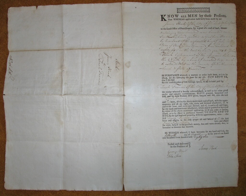 1786 Northumberland Co Pennsylvania Partial Printed Deed James Hood T