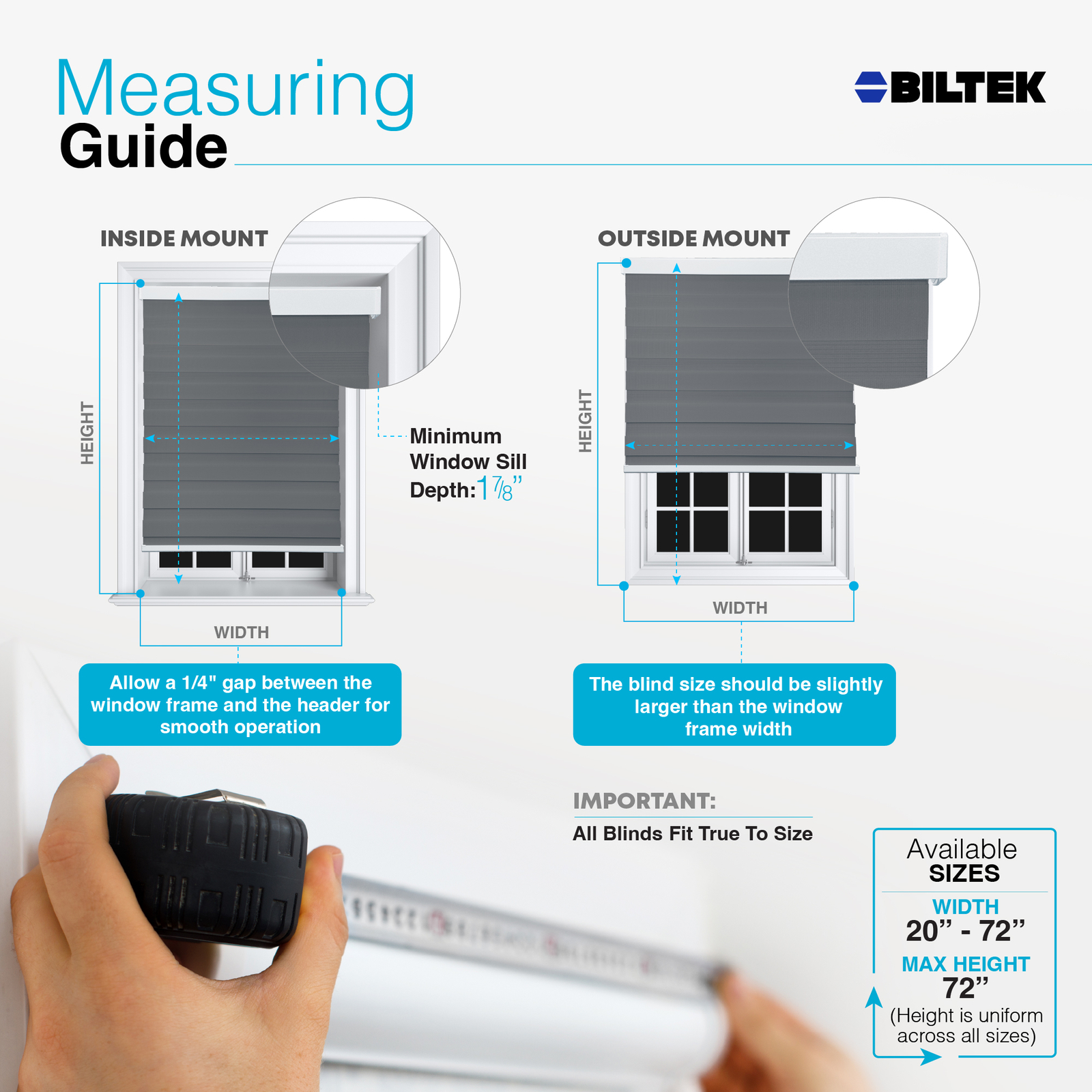 Cordless, Gray, Roller Shades Free-Stop Dual Layer Window Blinds - 34"x72"