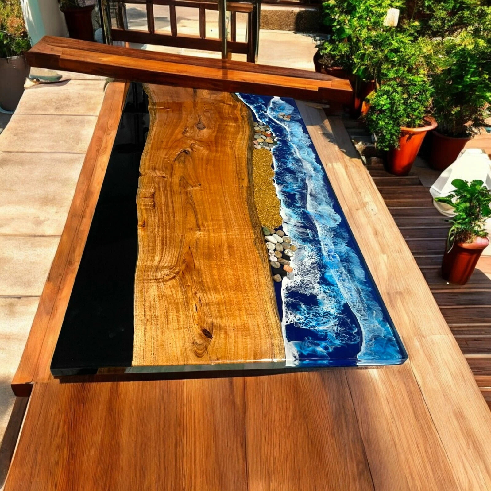 48 Inch Blue Wave Epoxy Resin Dining Table with Acacia Wood Live Edge