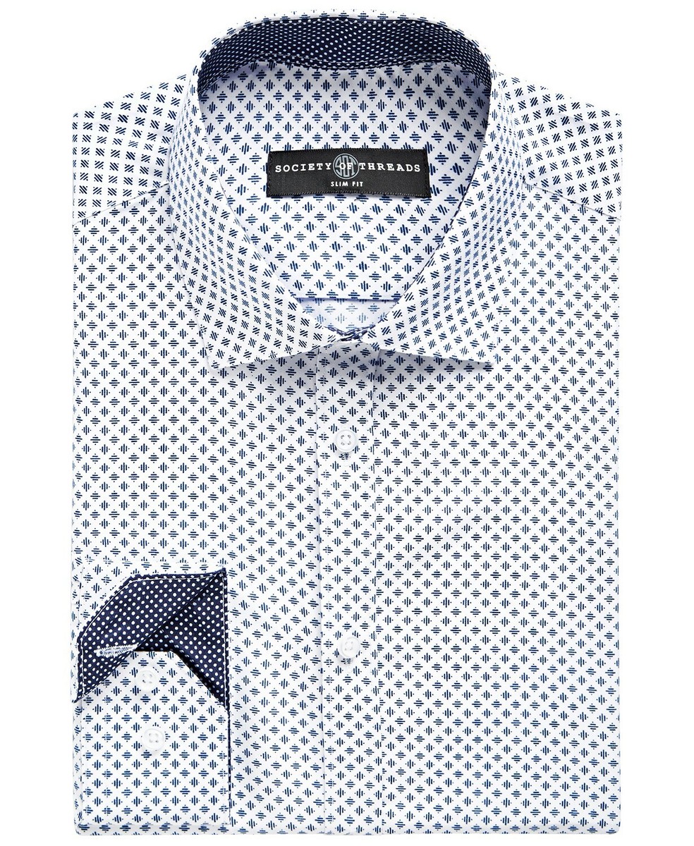 society of threads dress shirts Society of Threads Men's Slim-Fit Stretch Square Print Dress Shirt White  Navy L