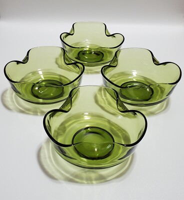 Vintage Anchor Hocking, Olive Green Glass Bowls, Set Of 4, Ruffled, Folded Edge