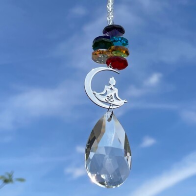 Neu Glas hängendes Chakra Om Mond Sonnenfänger Handy ~ Spirituelles Yoga ~ Regenbogen