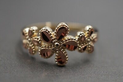 14K massiver zweifarbiger filigraner Ring Gelbgold mit drei Blumen im Diamantschliff. Größe 7