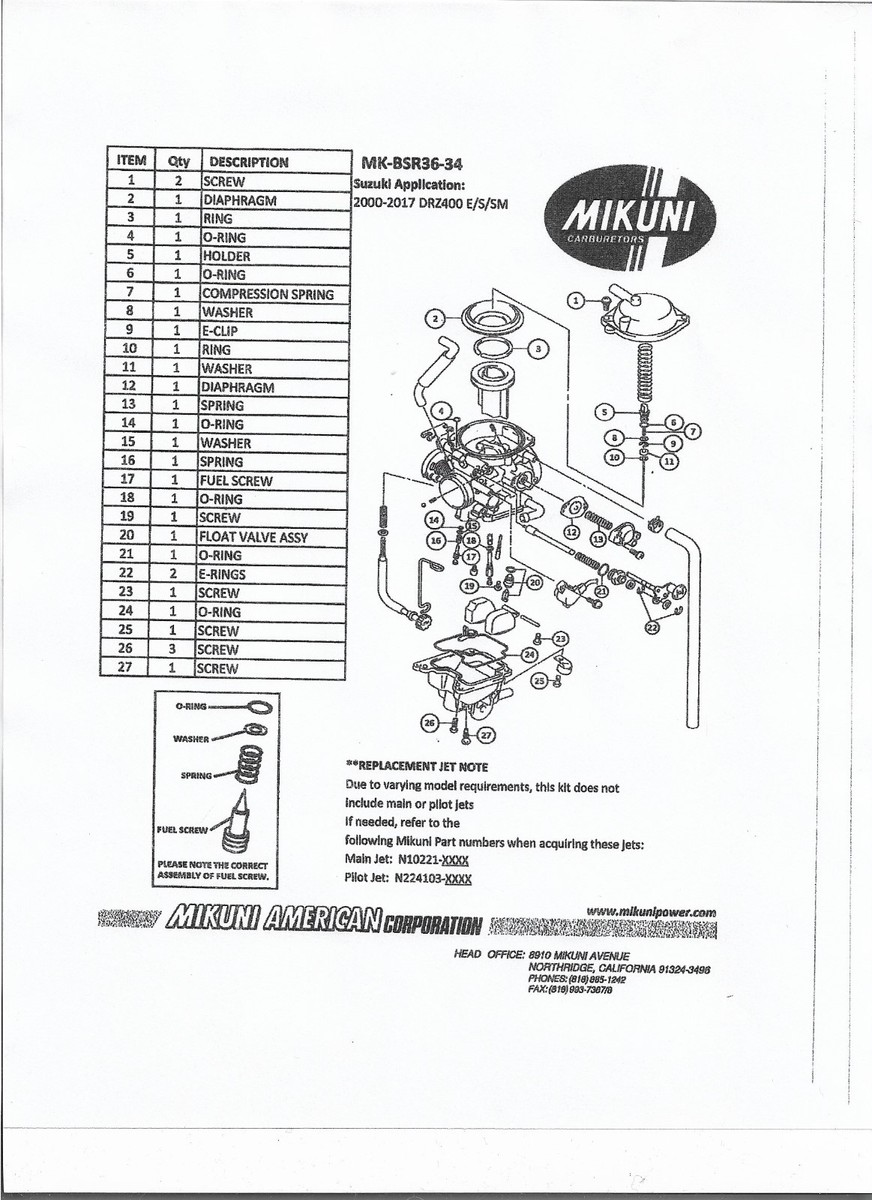 NEW!! Genuine Mikuni Carb Rebuild Kit 2000-2017 Suzuki DRZ 400 MK