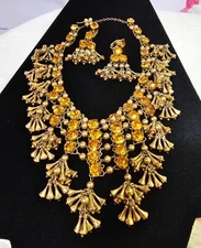 Stunning VOGUE Necklace & Earrings Set Victorian Revival Chandelier Amber Stones