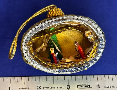 Vintage Diorama Christmas Egg Handmade Painted Manger Scene Ornament Beads Lace