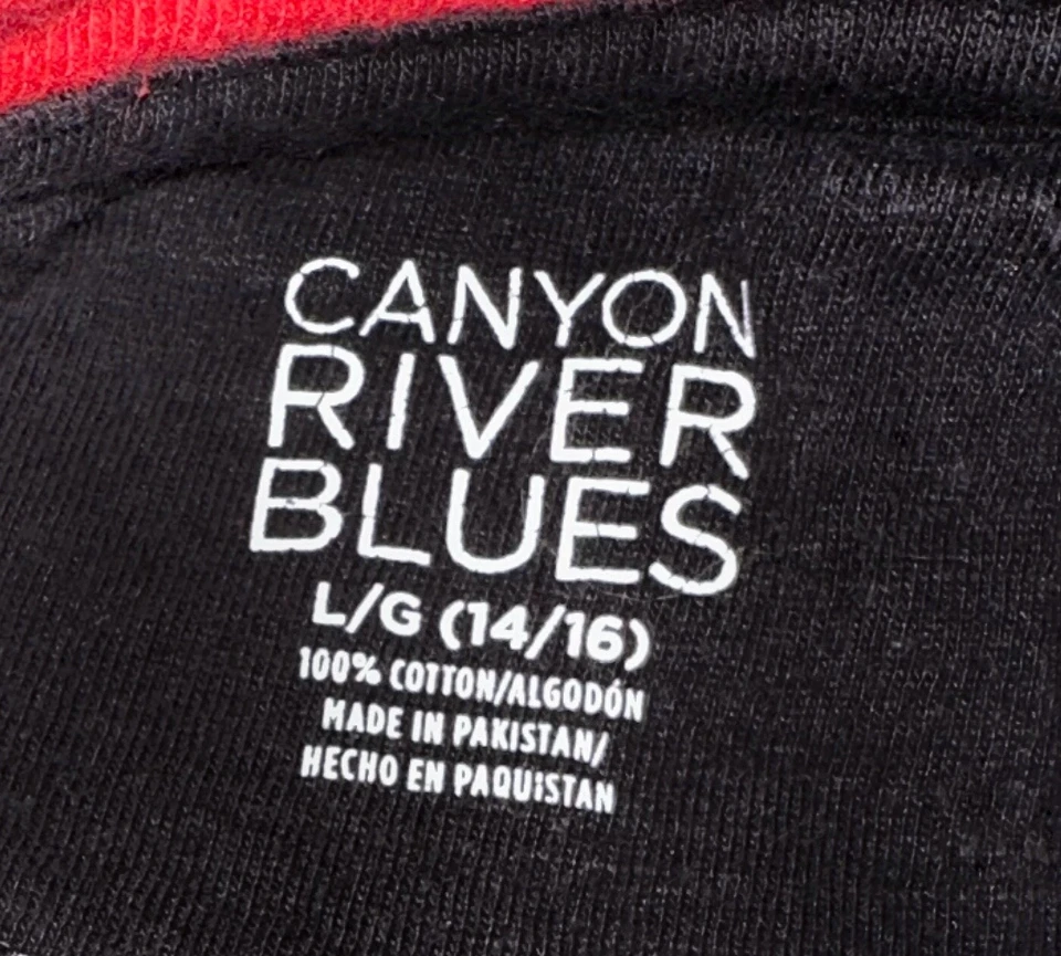 Boys Canyon River Blues Vintage Black Red Striped Crew T-Shirt L 14/16 - Image 2 of 3