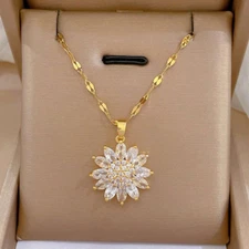 Womens Necklaces Flower Pendant 18K Gold Plated Stainless Steel Beaded Jewelry